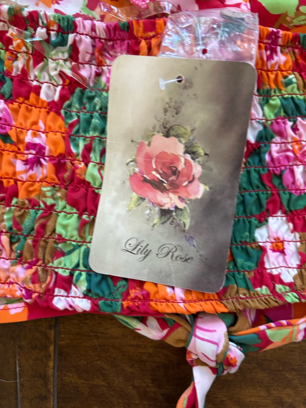 Lily Rose Red, Green & Pink Smocked Floral Top - Picture 3 of 5